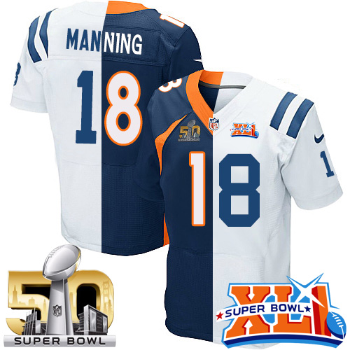 Men's Elite Peyton Manning Super Bowl XLI Nike Jersey White/Navy Blue - #18 Super Bowl L Colts/Broncos Split Fashion NFL Indianapolis Colts